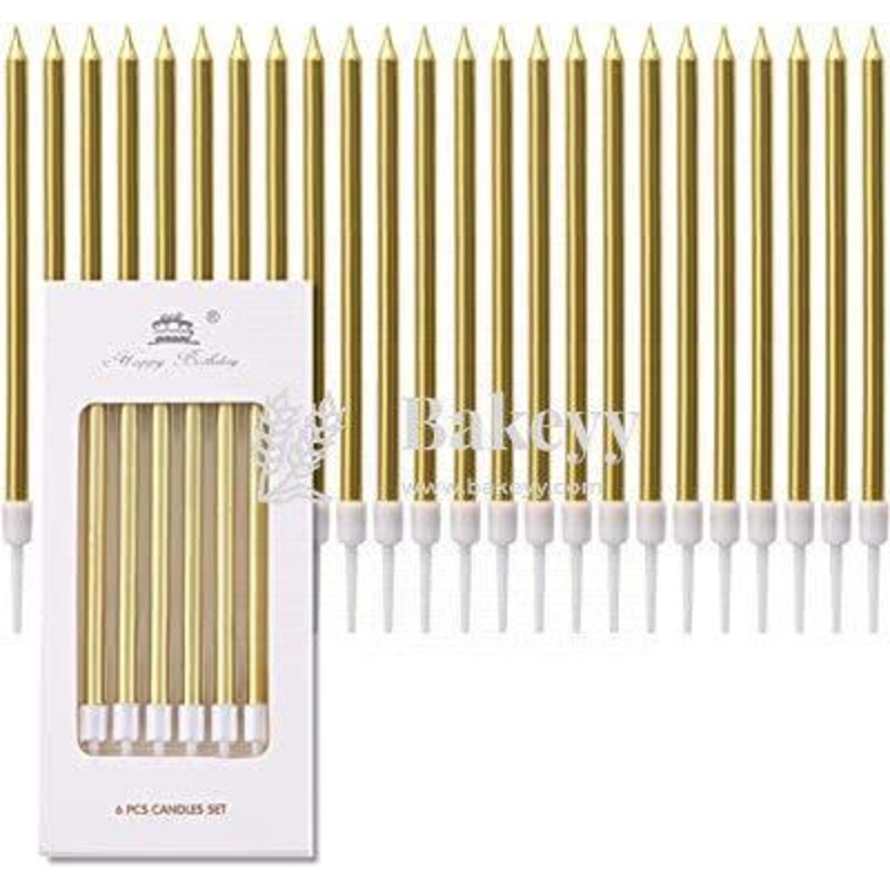 Golden Metallic Candle Pack of 6 pcs for Cake | Birthday | Anniversary | Thin Candles Birthday Cake Candles Long
