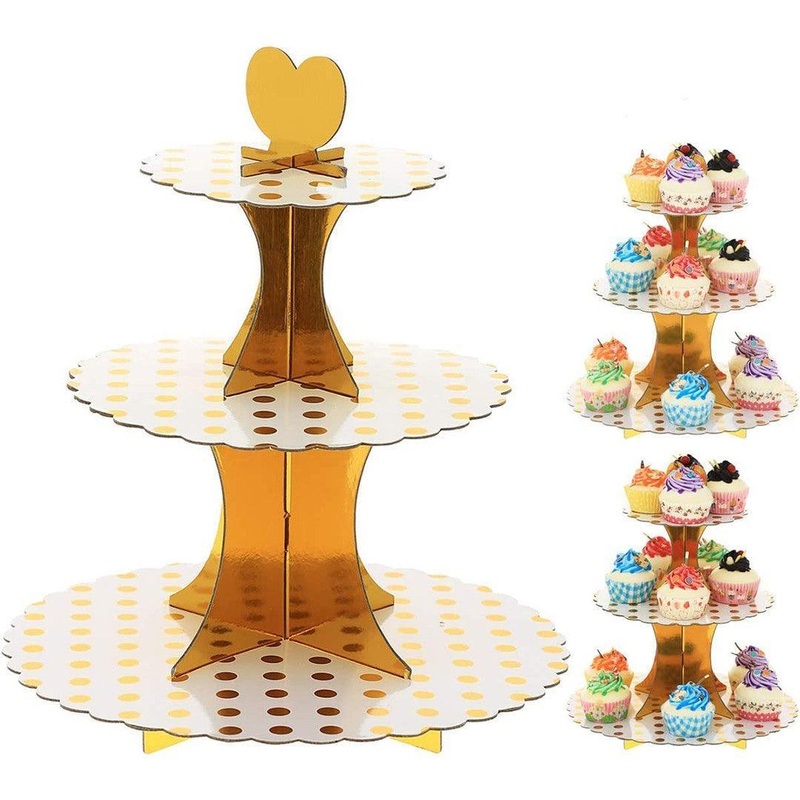 Tier Layer Cupcake Dessert Paper Stand Display Rack | Golden Dotted| 1 Piece