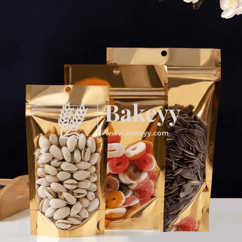 100 g | 15x10Cm | Zip Lock Pouch | Gold Pouch With Full Window | Standing Pouch| Pack of 100