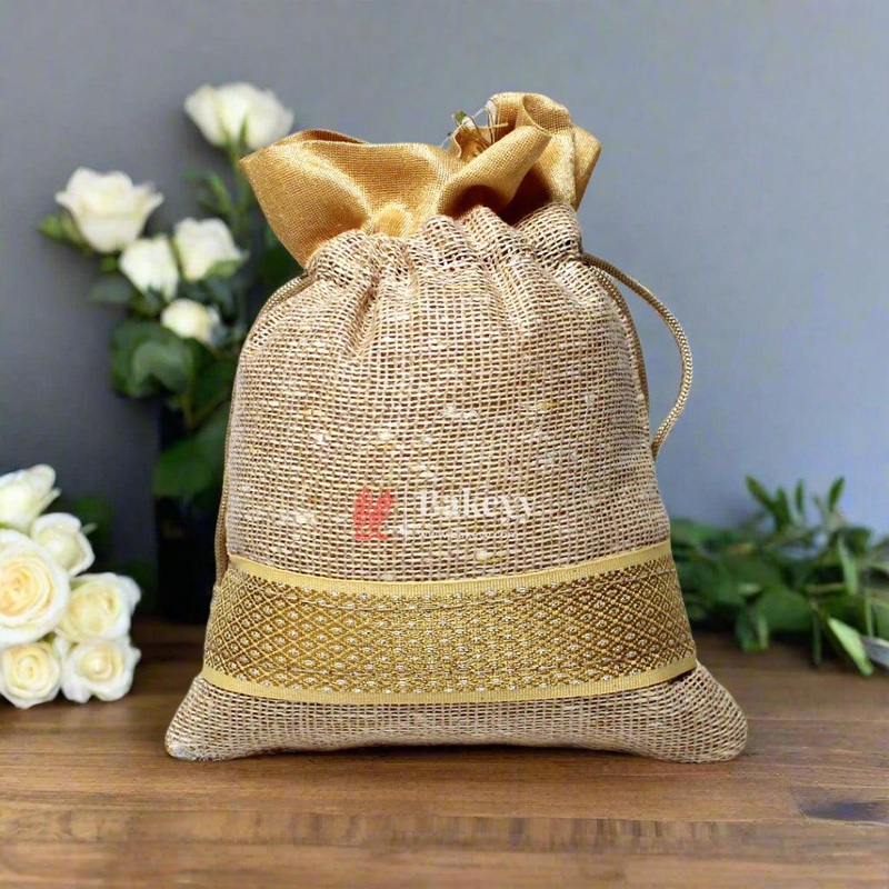 13x14 CM  5x6 inch| Elegant Jute  Cream Drawstring Gift Bag | Drawstring Bags | Pack of 10