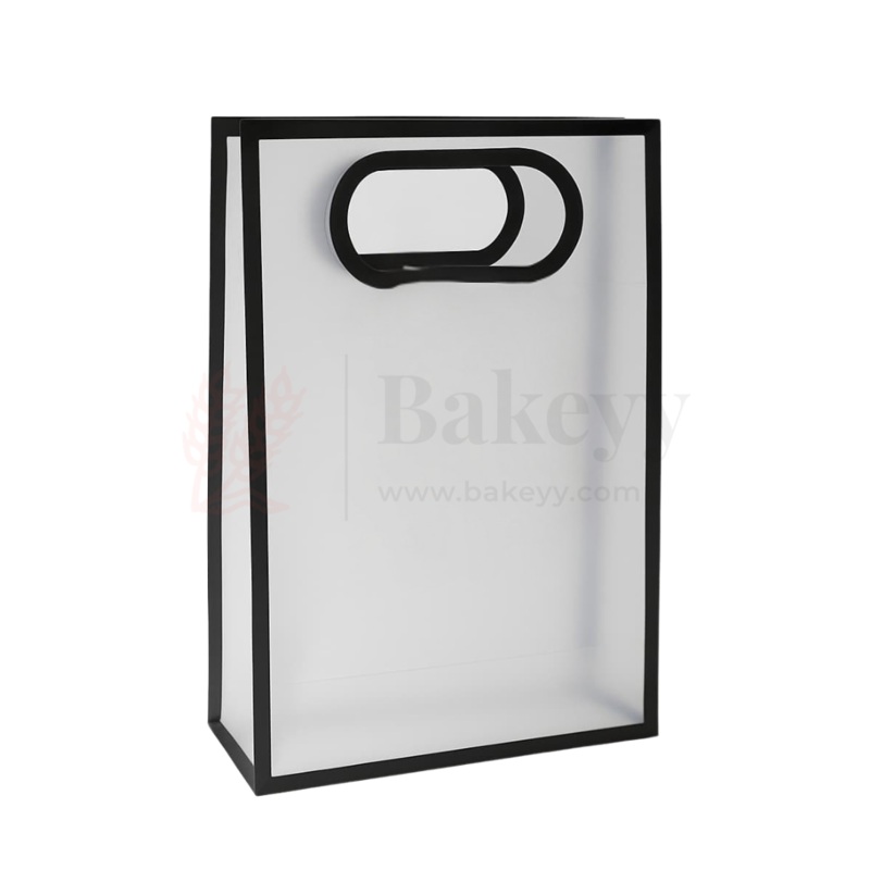 15x8x24cm | Transparent Gift Bag  Black | DieCut Handle, Waterproof & Stylish Packaging | Pack Of 12