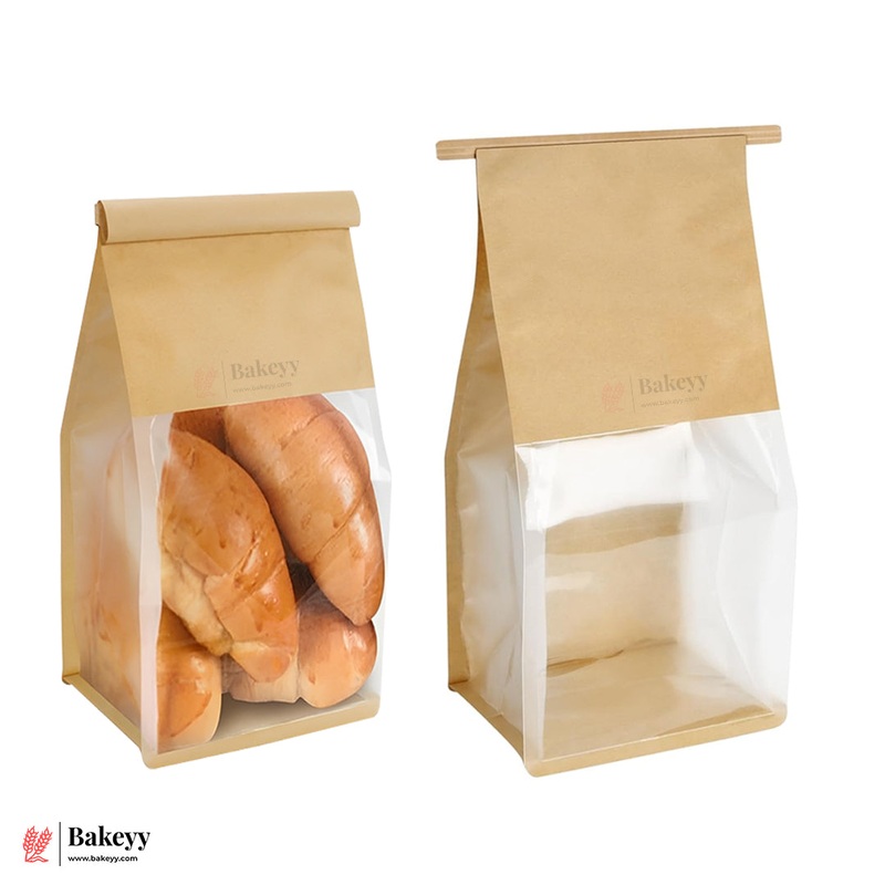 16x26x13cm Kraft Bread Bags with Transparent Window  Food-Grade & Stylish | Kraft Paper Pouches for Fresh Bakes | Baked Foods Packaging Storage | Pack Of 50