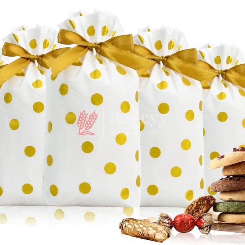 17.5x12Cm| Gold Big Dots Plastic Stand Up Treat Favor Bags Gift Wrapper Bags for Candy Cookie Chocolate | Pack of 50