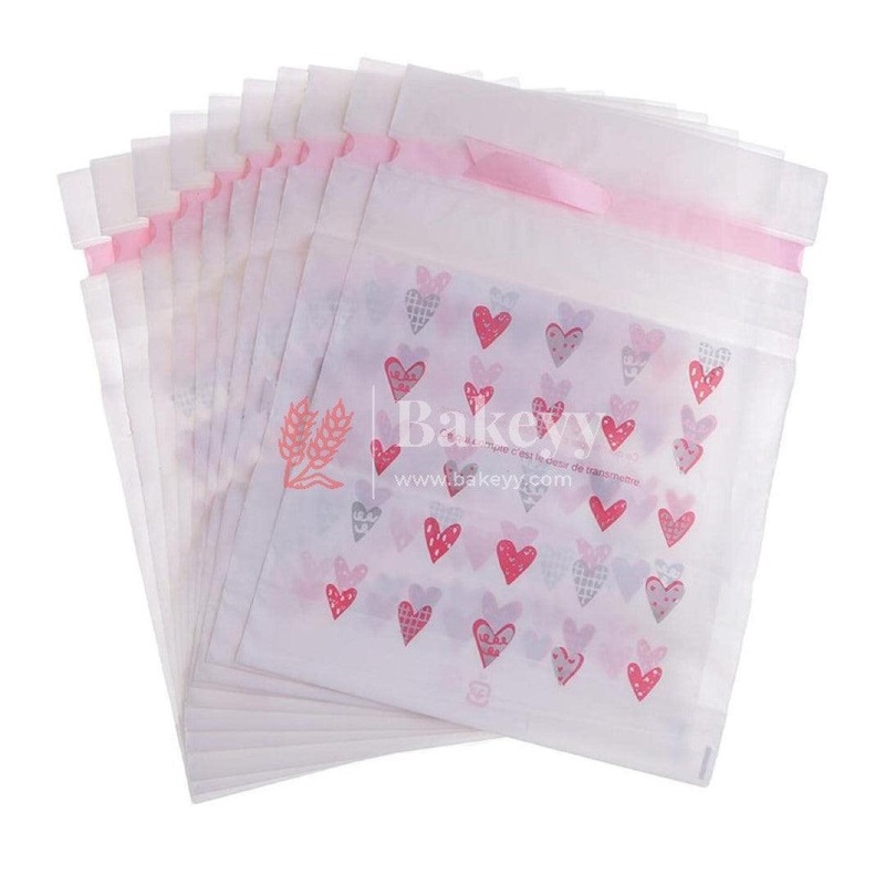 17.5x12cm | Hearts Plastic Stand Up Treat Favor Bags Gift Wrapper Bags for Candy Cookie Chocolate | Pack of 50