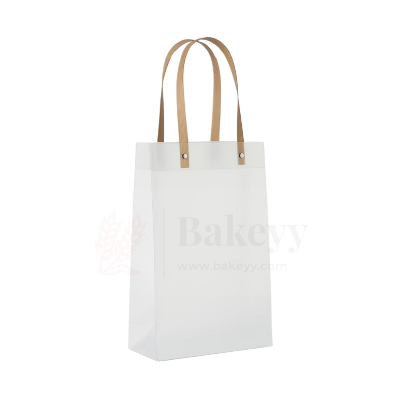 18.5x8x25cm | Frosted Matte Gift Bag with Wood-Textured Handles | Translucent PVC Party Favor & Retail Packaging | Pack Of 12