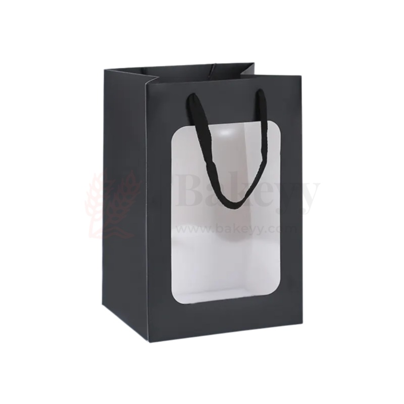 18x13x25cm | Luxury Black Paper Gift Bags with Transparent Window & Rope Handles | Pack Of 12