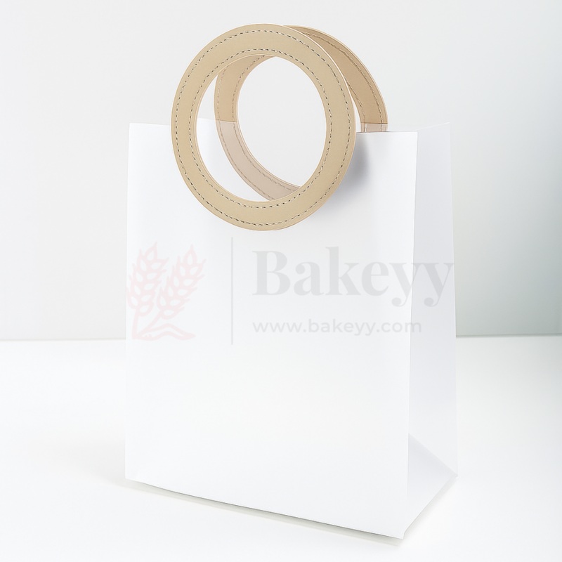 23x13x27cm | Premium Transparent Gift Bags with Handle | Leather Style Beige Colour Handles | Pack of 12