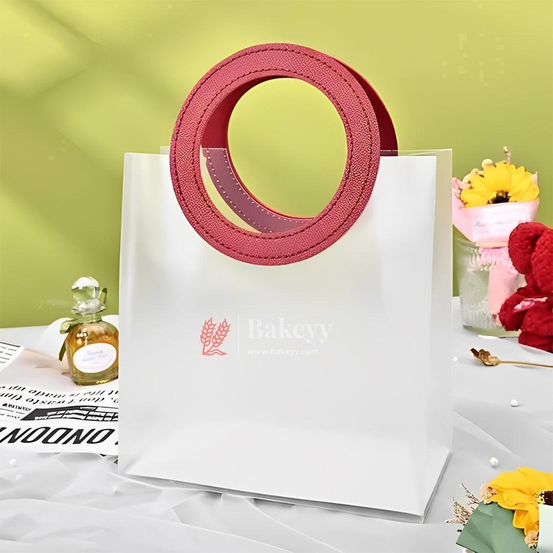 23x13x27cm | Premium Transparent Gift Bags with Handle | Leather Style Maroon Colour Handles | Pack of 12