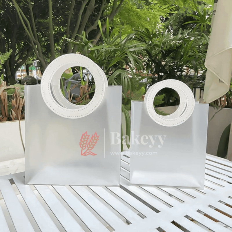 23x13x27cm | Premium Transparent Gift Bags with Handle | Leather Style White Colour Handles | Pack of 12