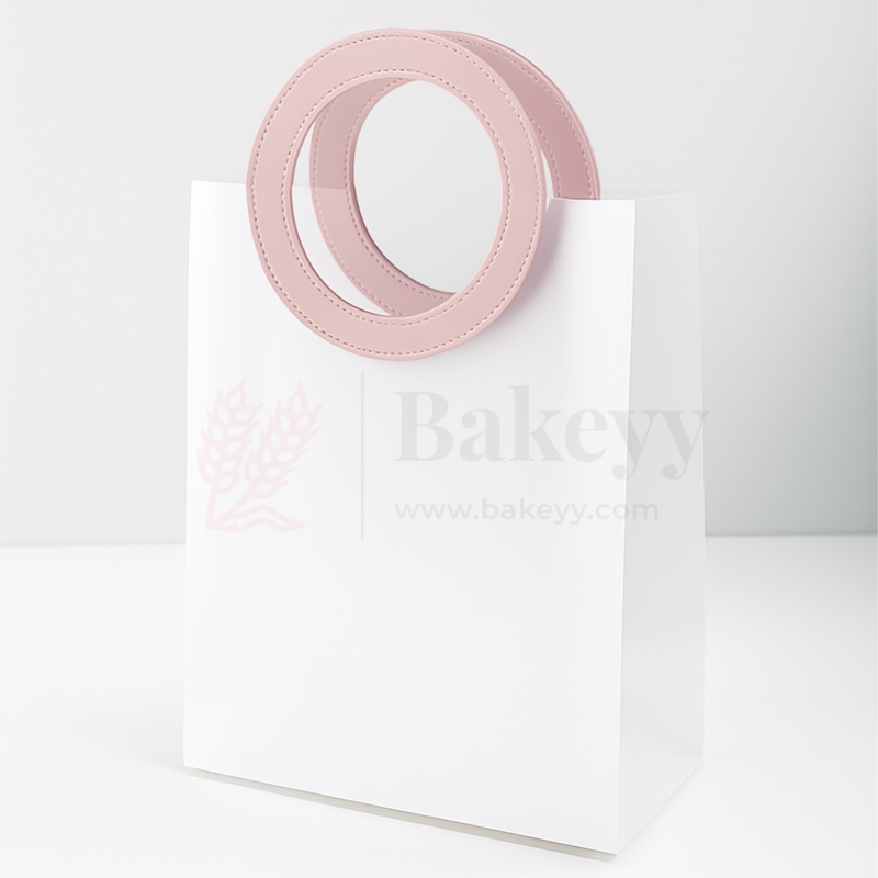 26x14.5x32cm | Premium Transparent Gift Bags with Handle | Leather Style Pink Colour Handles | Pack of 12