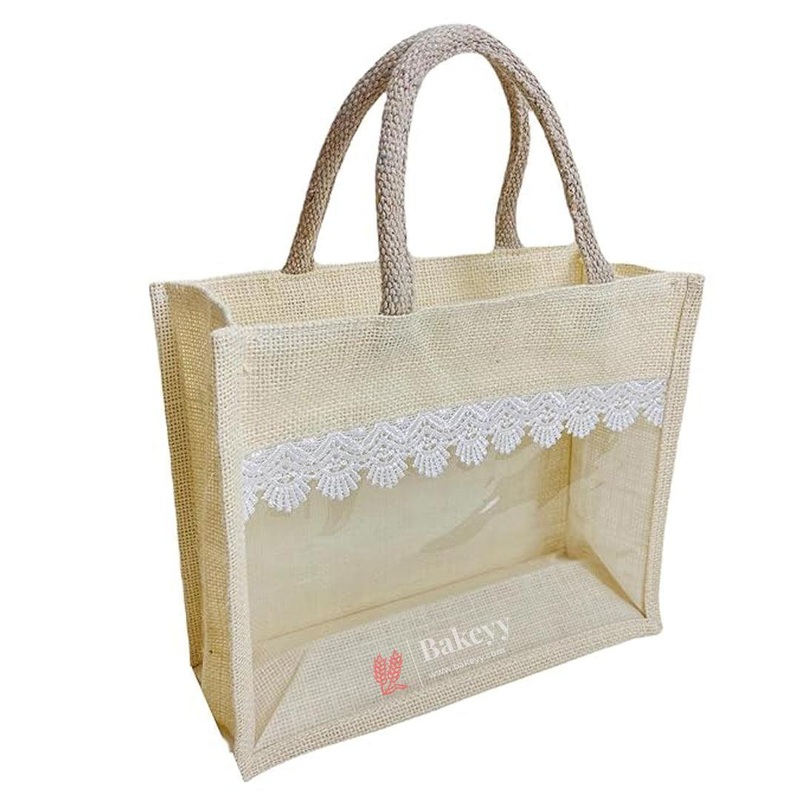 26x20x11.5cm | Small |Transparent Window Jute Gift Bag with Lace Design  Ideal for Gifting & Display | 1pc