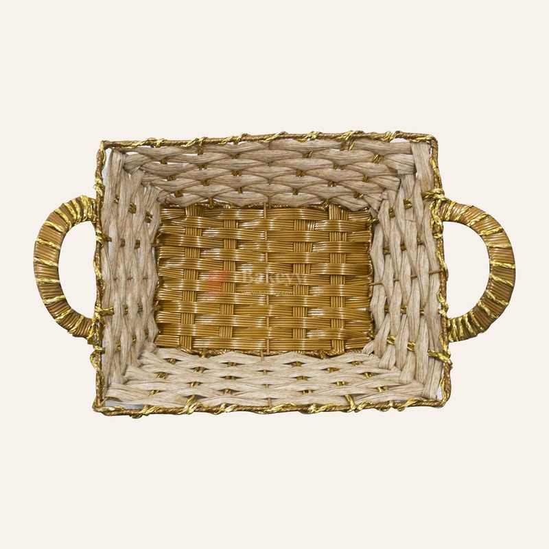 Rustic Handwoven Rectangle Basket with Handles & Golden Border  Decorative Storage & Serving Tray