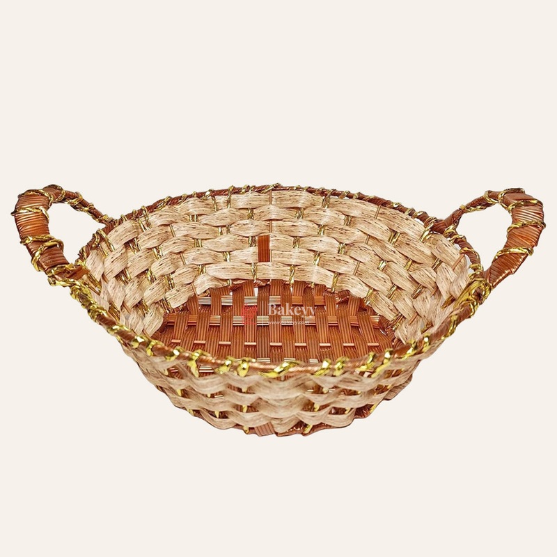 Rustic Handwoven Round Basket with Handles & Golden Border  Decorative Storage & Serving Tray