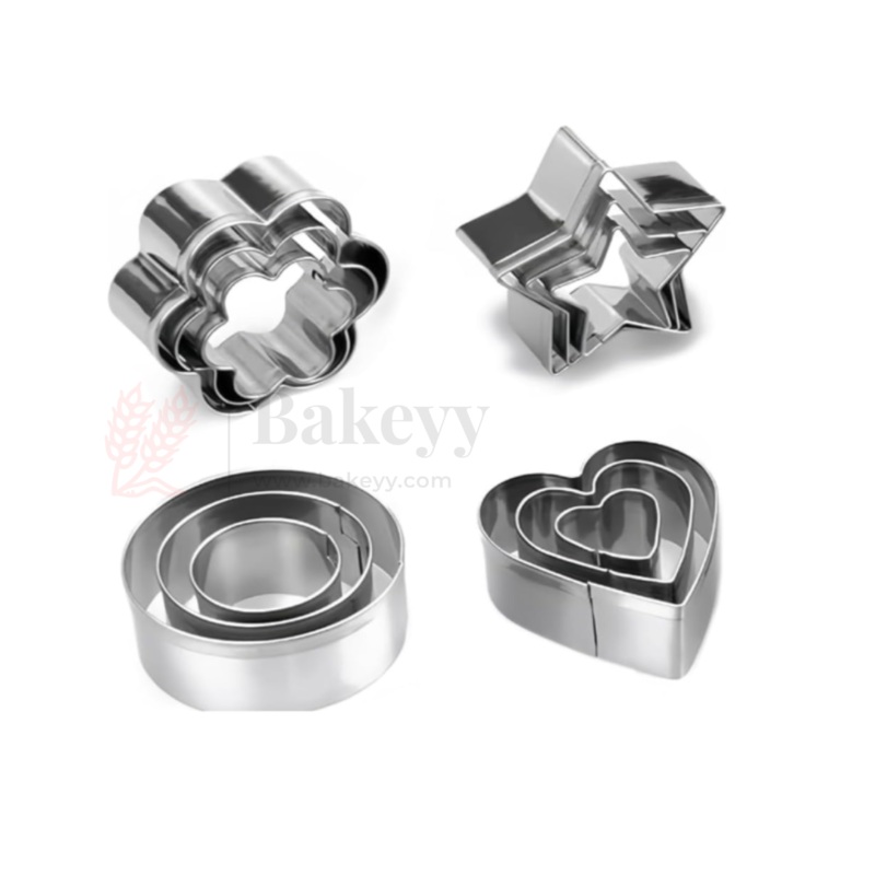 Stainless Steel Cookie Cutter Set  12 Pcs, 4 Shapes (Heart, Star, Flower, Round), 3 Sizes Each, Polished Finish