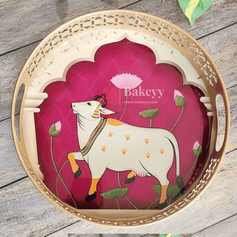 8 inch | Pichwai Tray for Return Gifts | Round Metal Tray Home Decor Items | Decorative Tray | Multicolour