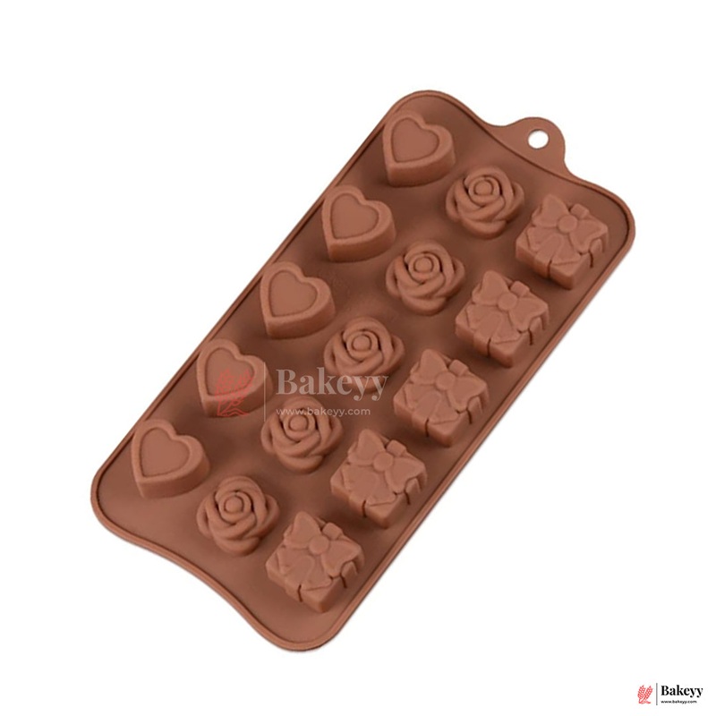 Silicone Heart, Rose & Gift Shape Chocolate Mould  15 Cavity Romantic Design Tray| 1 Piece