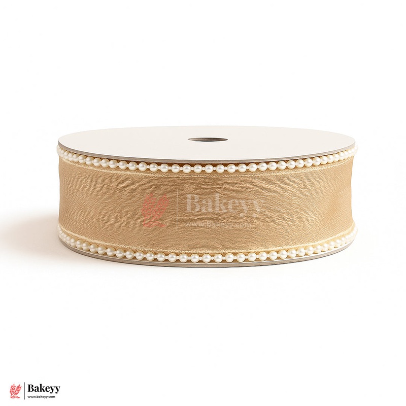 11651 | 9mtr Beige Net Ribbon with Double Pearl Edging  Decorative Roll for Bouquets, Gift Wrapping & Crafts