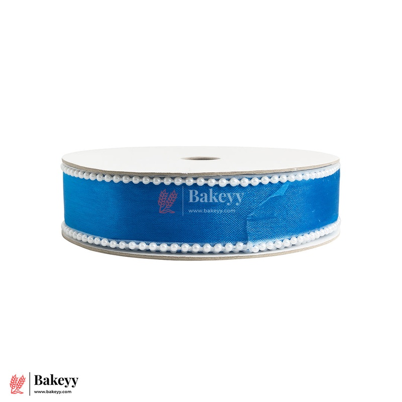 11651 | 9mtr Blue Net Ribbon with Double Pearl Edging  Decorative Roll for Bouquets, Gift Wrapping & Crafts