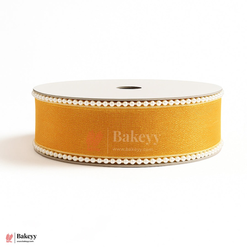 11651 | 9mtr Orange Net Ribbon with Double Pearl Edging  Decorative Roll for Bouquets, Gift Wrapping & Crafts