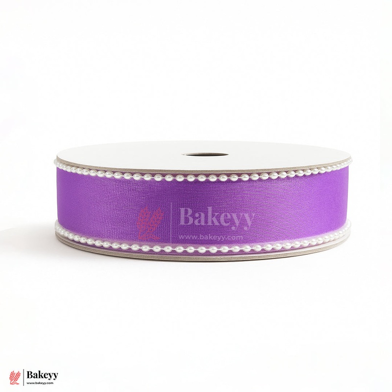 11651 |  9mtr Purple Net Ribbon with Double Pearl Edging  Decorative Roll for Bouquets, Gift Wrapping & Crafts