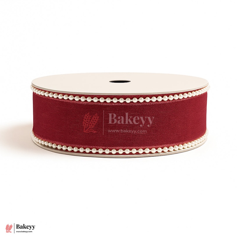 11651 | 9mtr  Red Net Ribbon with Double Pearl Edging  Decorative Roll for Bouquets, Gift Wrapping & Crafts