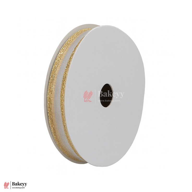 1849|18 mtr Gold Glitter Edge White Net Ribbon Roll  2cm Decorative Craft & Gift Wrapping Ribbon