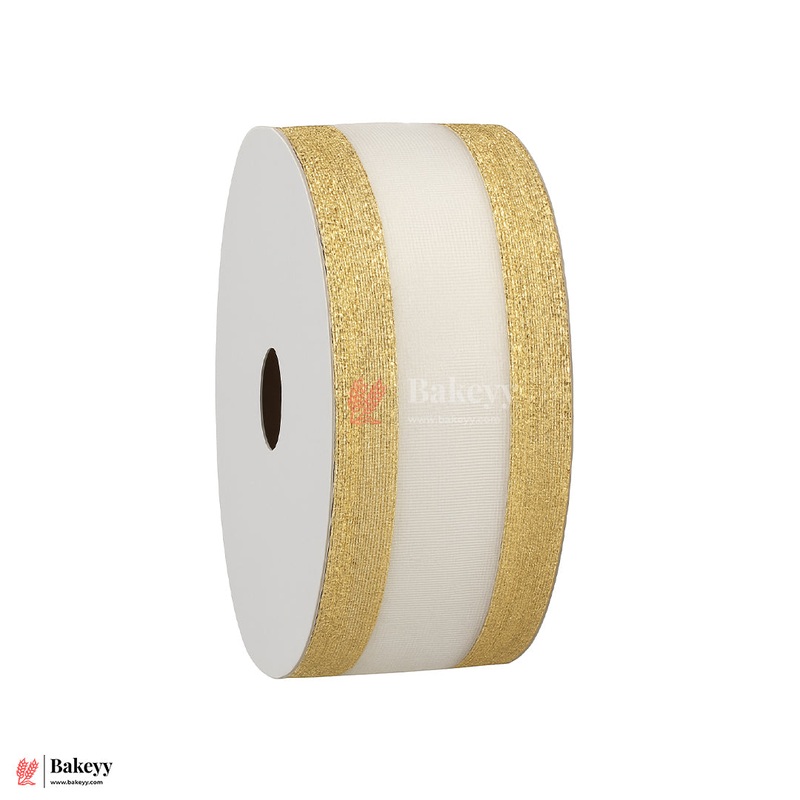 1849|18 mtr Gold Glitter Edge White Net Ribbon Roll  3cm Decorative Craft & Gift Wrapping Ribbon