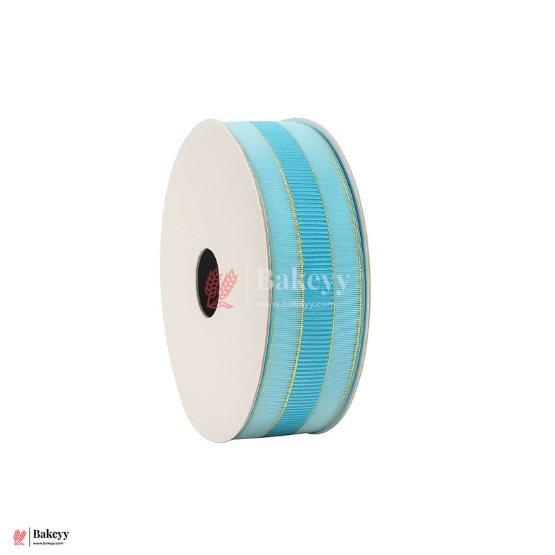 18mtr Premium Light Blue Grosgrain Ribbon with Golden Stitch  1 Inch | Ideal for Gifting & Crafting