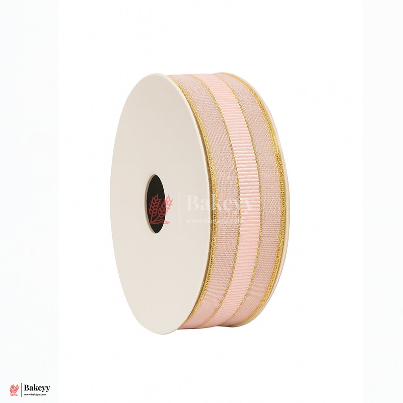 18mtr Premium Light Pink Grosgrain Ribbon with Golden Stitch  1 Inch | Ideal for Gifting & Crafting