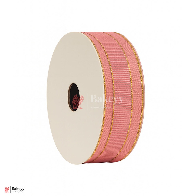 18mtr Premium Pink Grosgrain Ribbon with Golden Stitch  1 Inch | Ideal for Gifting & Crafting