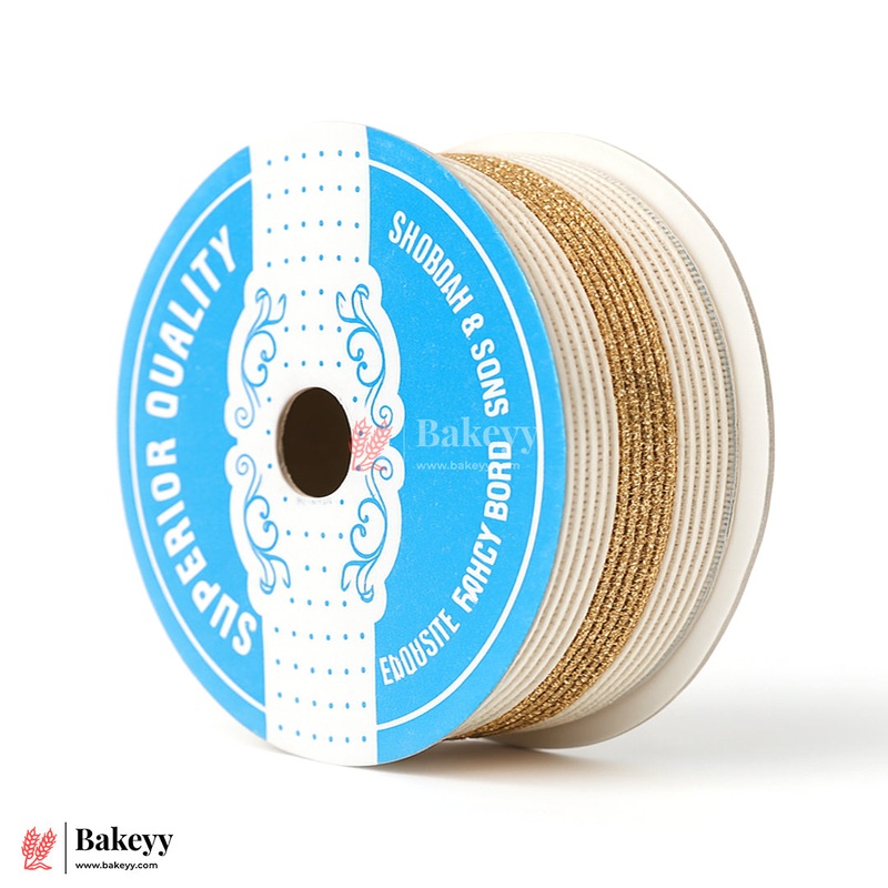 2.5cm Elastic White Net Ribbon with Gold Glitter Center | 9 Mtrs | Stretchable Decorative Craft Ribbon Roll for Gift Wrapping, Bouquets