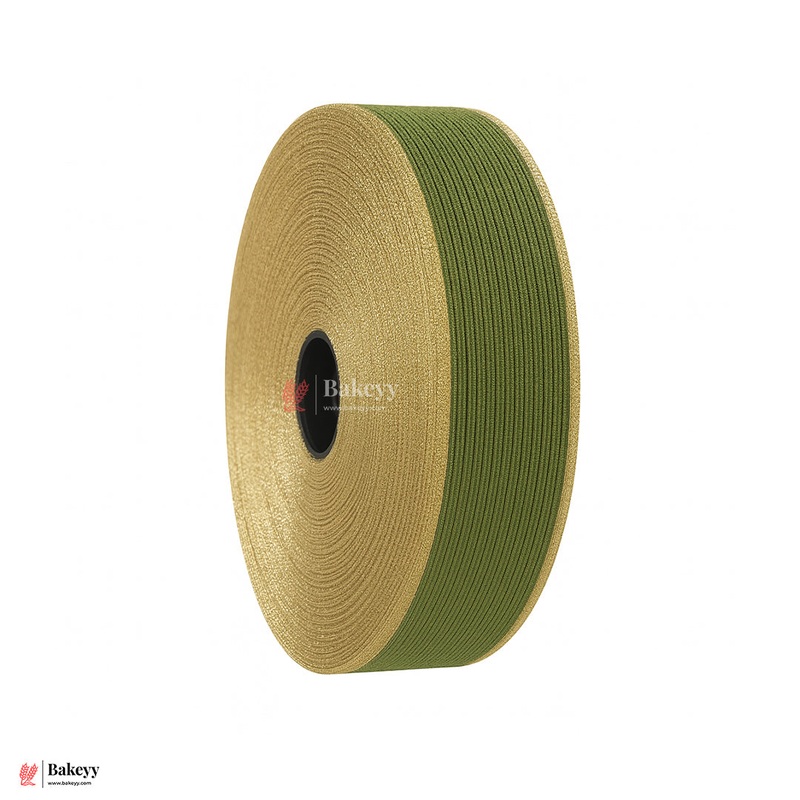343 | Elastic Green Ribbon with Gold Borders  3cm Width | 18 Meters Roll