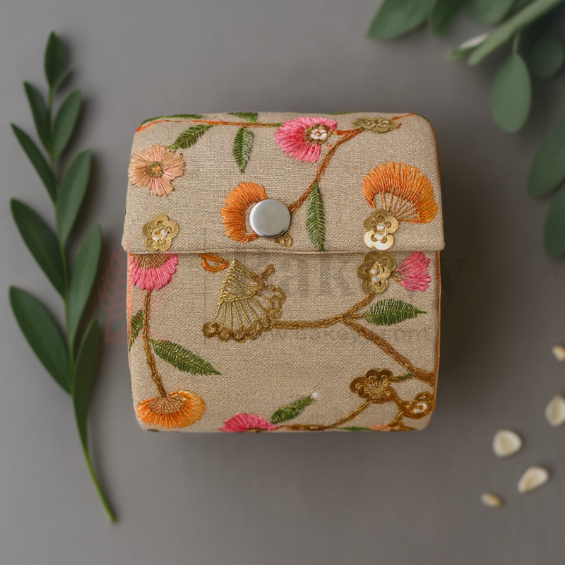 4 Inch Beige Wooden Embroidery Bangle Box For Women | Jewellery Organiser Box | Bangle Organiser Box | 1 Piece