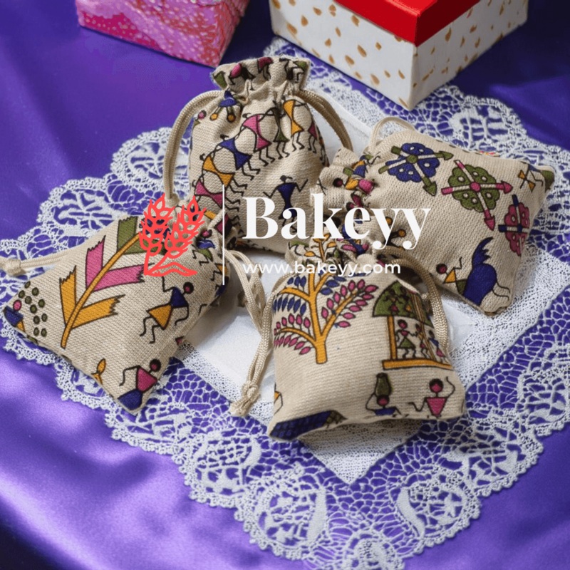 8X10 CM | Original Printed | Printed Potli Jute Bag (Mixed Designs) | Gift Return Gifts Bags |  Drawstring Bags | Pack Of 10
