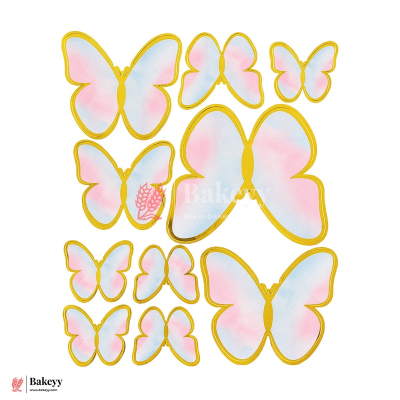 Baby Pink , Sky Blue & Gold Foil Outline | Butterfly Toppers | Elegant Decoration for Cakes, Cupcakes&Desserts|Setof10