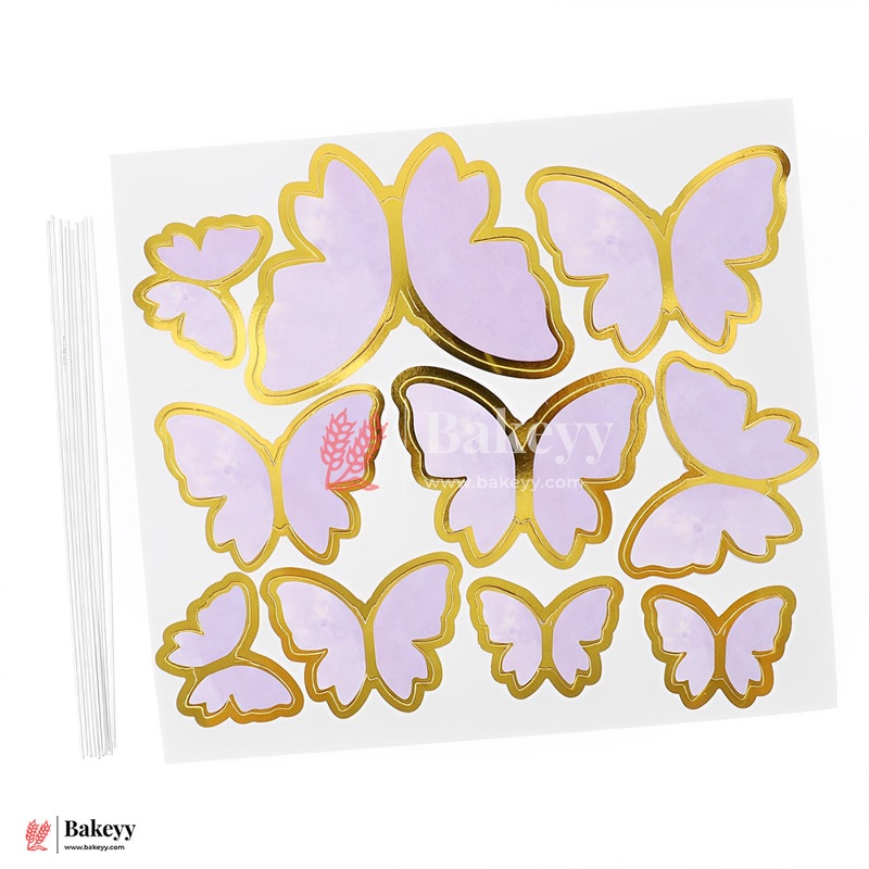Soft lavender & Shiny Gold Foil Border | Butterfly Toppers | Elegant Decoration for Cakes, Cupcakes&Desserts|Setof10