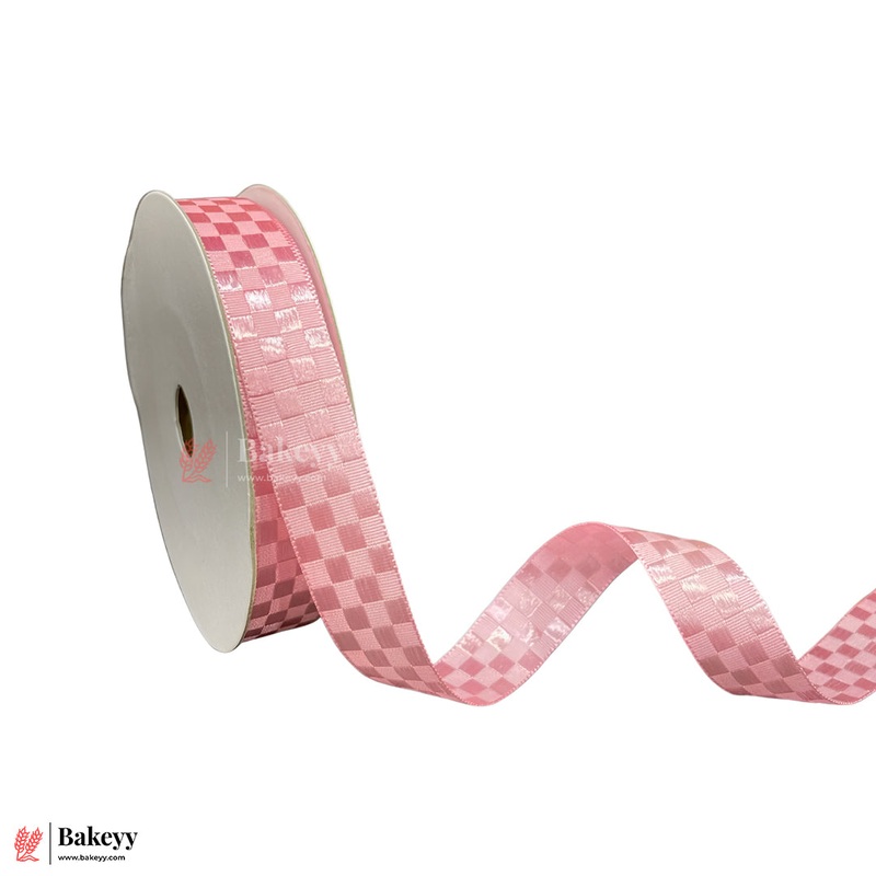2cm |18 Mtr Elegant Pink Checkered Satin Ribbon Roll  Premium Quality for Gift Wrapping & Crafts