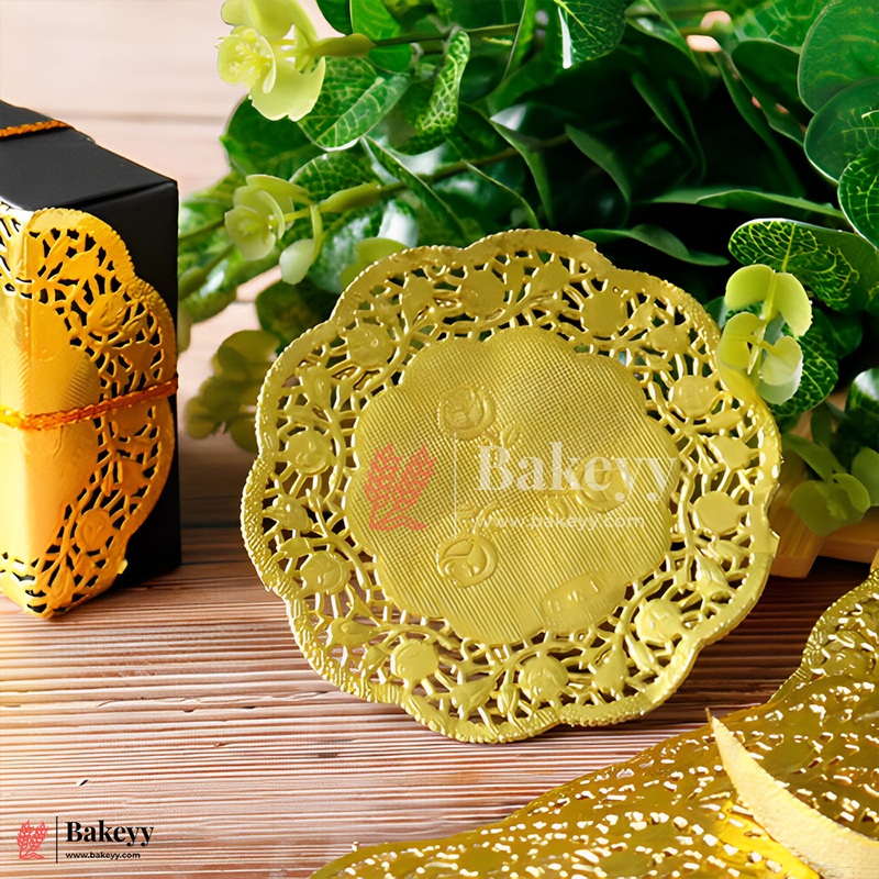 3.5 Inch Gold Paper Doilies | Pack Of 100 | Round Decorative Paper Placemats for Desert | Tableware Decoration | Lace Doilies