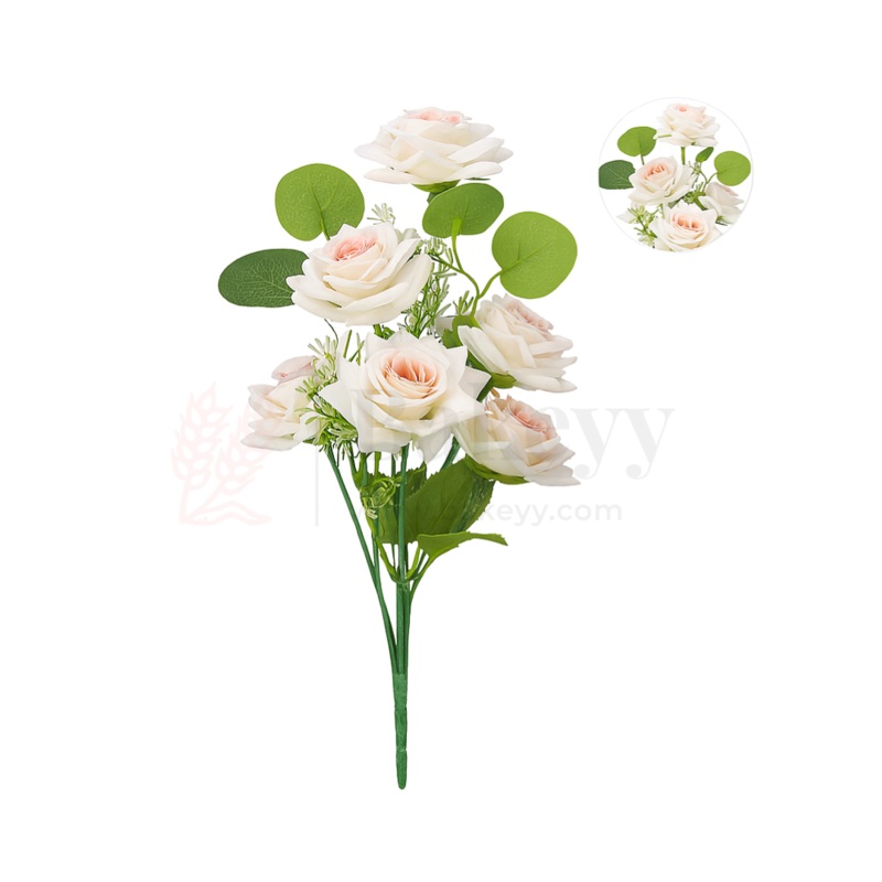 Artificial Cream Peach Bloomed Rose Flower Bouquet - 40cm | Elegant Faux Floral Bunch for Home Decor, Vase Styling & Events - Pack of 1