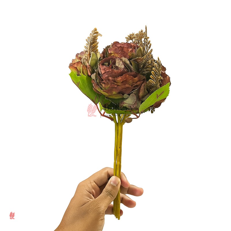 Artificial Flower 30cm | Rustic Maroon Artificial Rose Bunch Stem 4 Stem Mini Bouquet