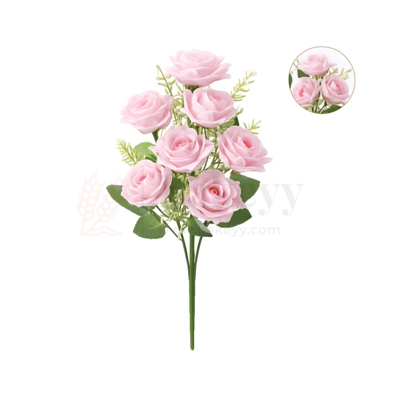 Artificial Light Pink Bloomed Rose Flower Bouquet - 40cm | Elegant Faux Floral Bunch for Home Decor, Vase Styling & Events - Pack of 1