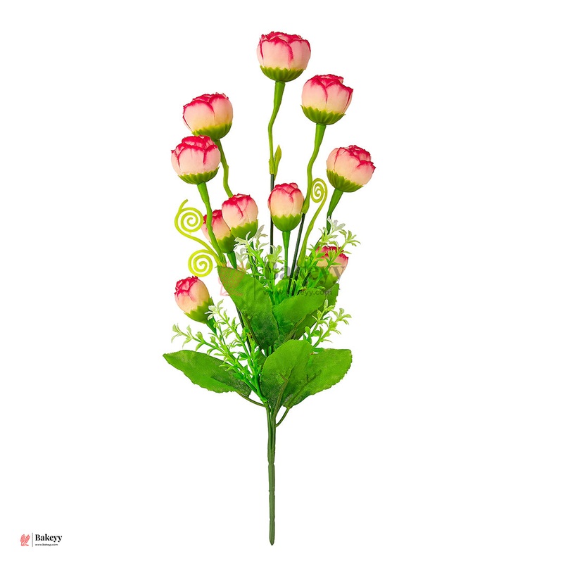 Artificial Pink White  Bouquet  35cm | Artificial Rose Bud Bunch  10 Heads | Pink & White Floral Stick for Home Decor