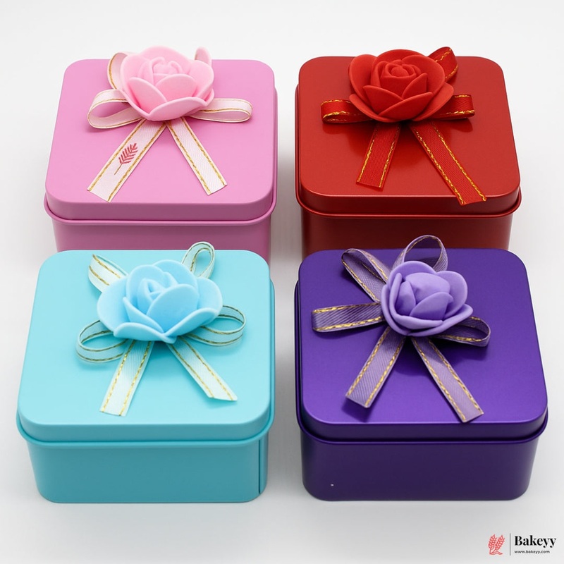 Size 3|Mixed Colours with Mixed Bow Designs Square Empty Decorative Tin Box |Pack of 8