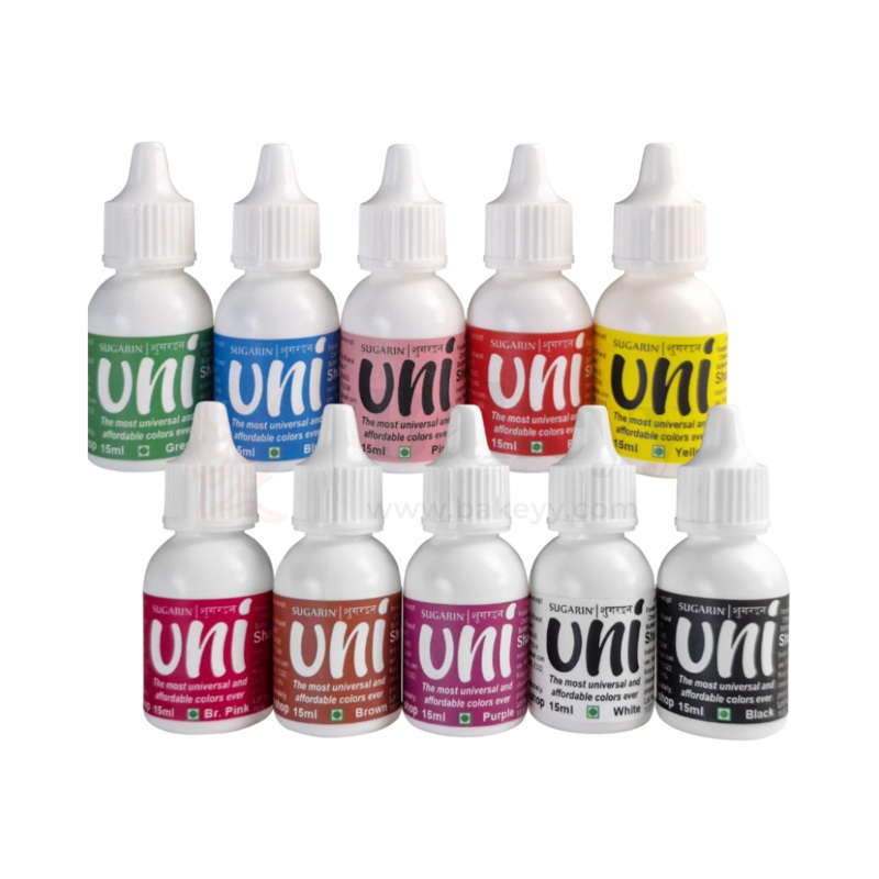 Sugarin UNI Combo Food Colour Set  10 Shades (15ml Each) Yellow, Red, Pink, Blue, Green, Black, White, Purple, Brown, Brilliant Pink | All-in-One Edible Gel Colour - 150ml