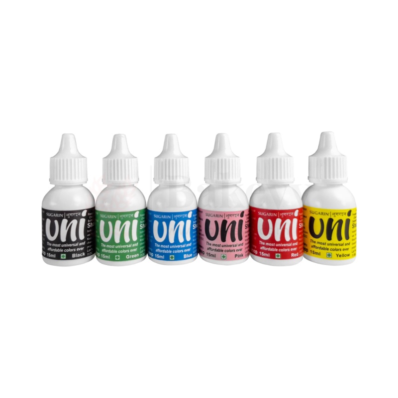 Sugarin UNI Combo Food Colour Set  6 Shades (15ml Each) Black, Green, Blue, Pink, Red, Yellow | All-in-One Edible Gel Colour - 90ml