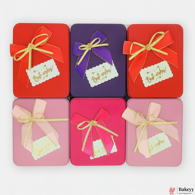 12x9x4 CM (LxBxH) | Empty Rectangle Tin Box with Mixed Colour and Mixed Bow| Pack of 6
