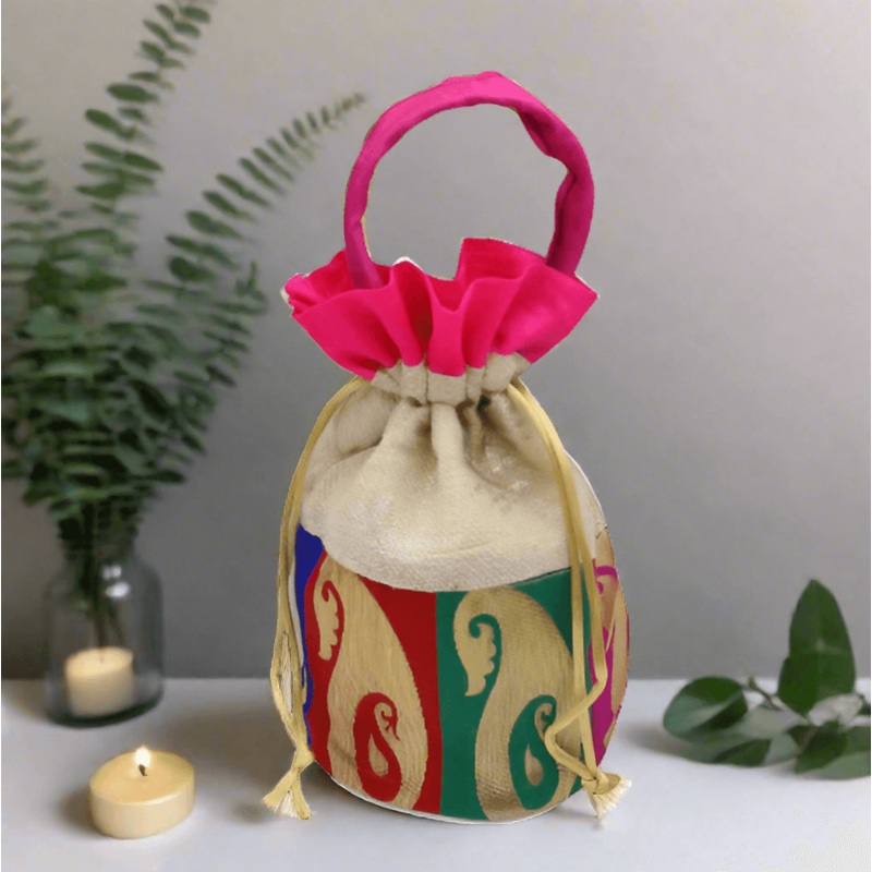 13x18 CM Jute Design Potli Bag  | Multicolour | Pack Of 10