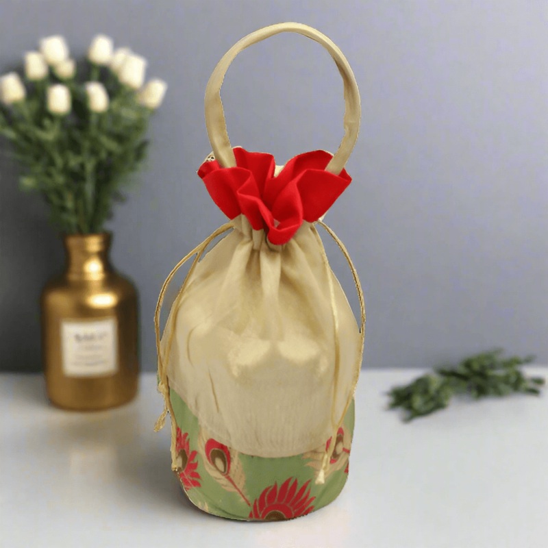 18x24 CM  Design Potli Bag  | Red Feather Print | Pack Of 10