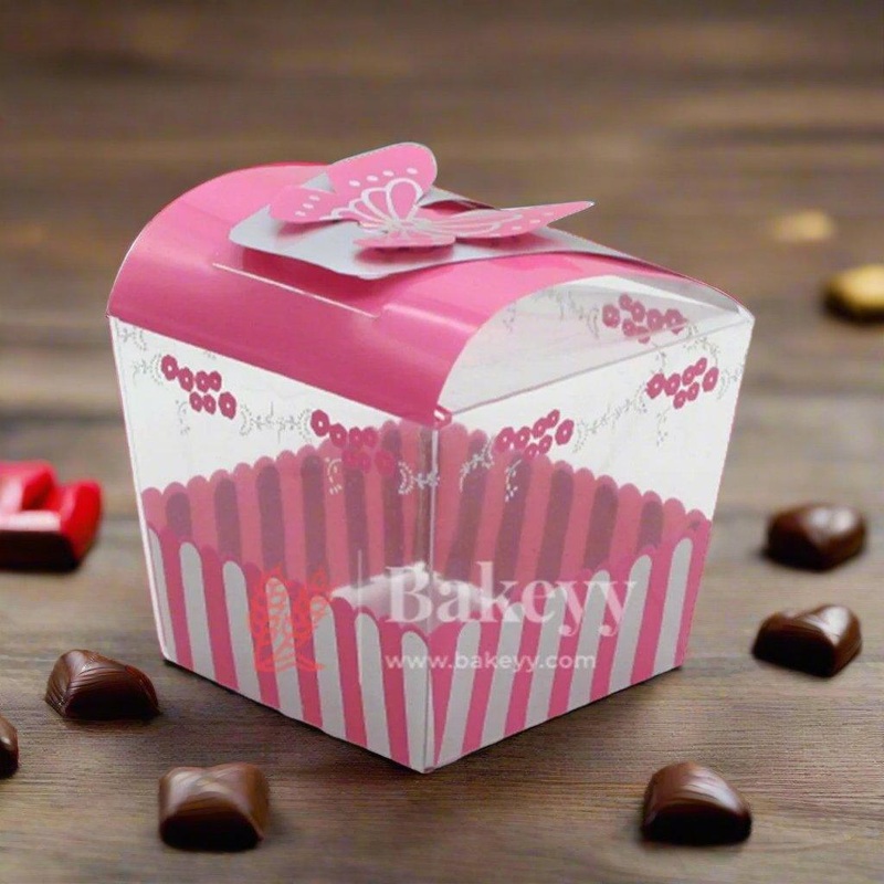 Pink Butterfly Transparent Cupcake Gift Boxes | PVC Chocolate Box | Gift Box | Goodie Box | Kareena F-203 | Pack of 10