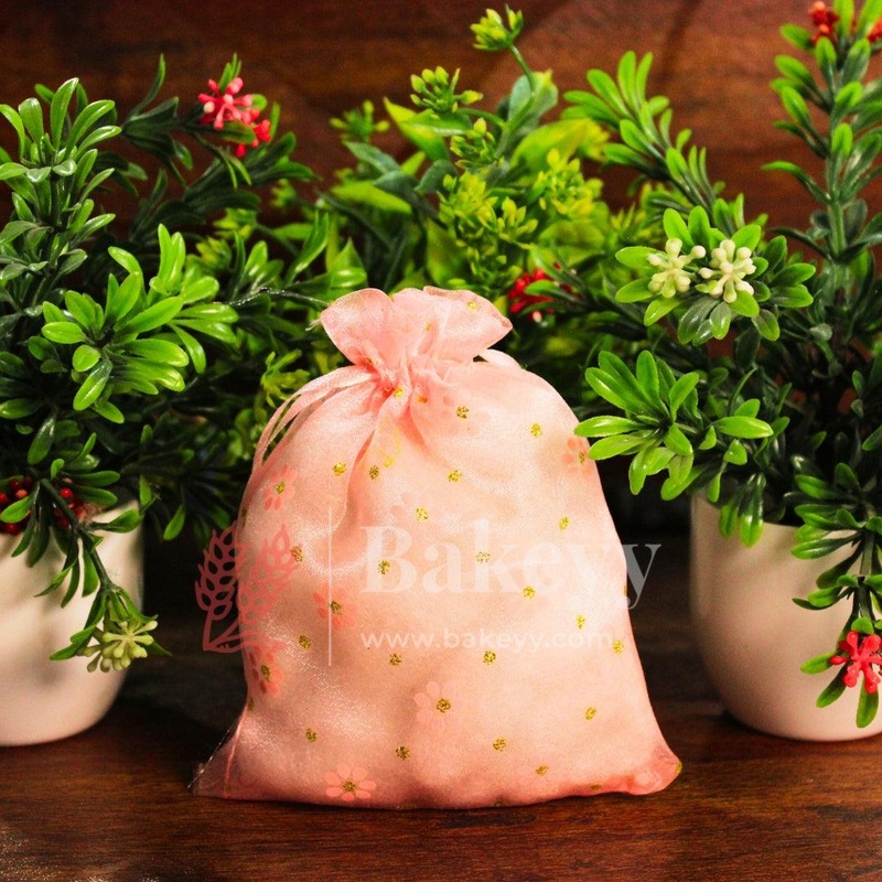 10x14 CM | Big Polka Dots Organza Potli Bags | Pack of 100 | Light Pink Color | Candy Bag